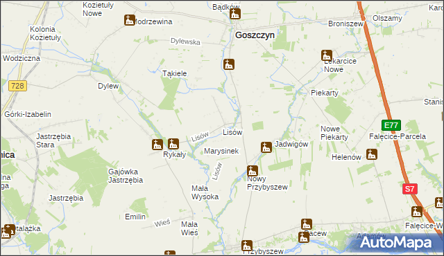 mapa Lisów gmina Promna, Lisów gmina Promna na mapie Targeo