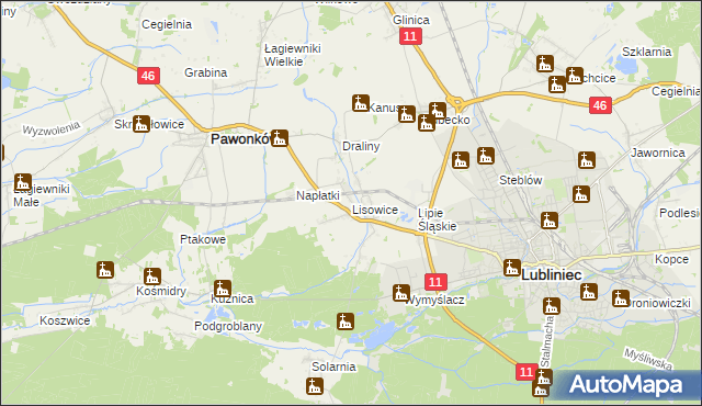 mapa Lisowice gmina Pawonków, Lisowice gmina Pawonków na mapie Targeo