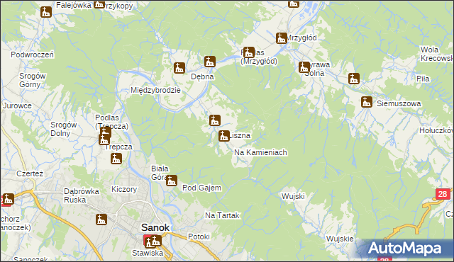 mapa Liszna gmina Sanok, Liszna gmina Sanok na mapie Targeo