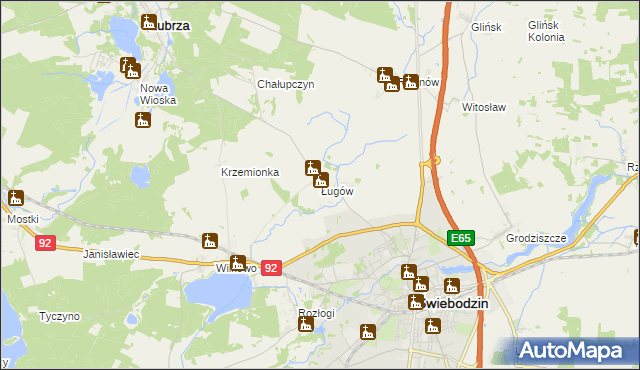 mapa Ługów gmina Świebodzin, Ługów gmina Świebodzin na mapie Targeo