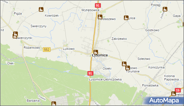 mapa Łysomice powiat toruński, Łysomice powiat toruński na mapie Targeo