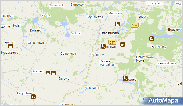 mapa Majdany gmina Chrostkowo, Majdany gmina Chrostkowo na mapie Targeo