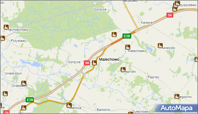 mapa Malechowo powiat sławieński, Malechowo powiat sławieński na mapie Targeo