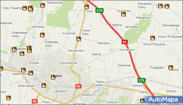 mapa Malina gmina Kutno, Malina gmina Kutno na mapie Targeo