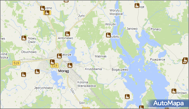 mapa Maliniak gmina Morąg, Maliniak gmina Morąg na mapie Targeo