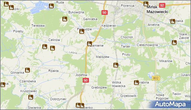 mapa Maliszew gmina Mińsk Mazowiecki, Maliszew gmina Mińsk Mazowiecki na mapie Targeo