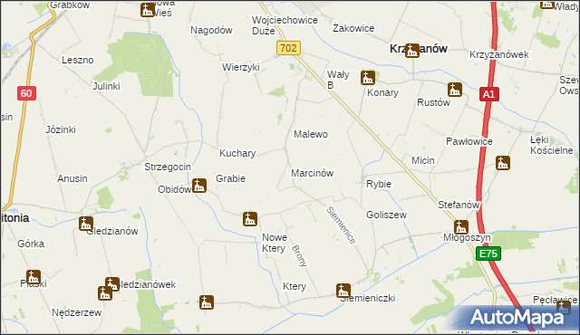 mapa Marcinów gmina Krzyżanów, Marcinów gmina Krzyżanów na mapie Targeo