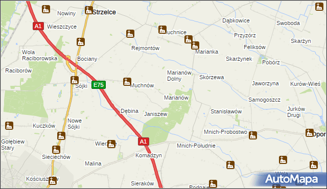 mapa Marianów gmina Strzelce, Marianów gmina Strzelce na mapie Targeo
