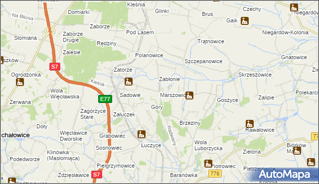 mapa Marszowice gmina Kocmyrzów-Luborzyca, Marszowice gmina Kocmyrzów-Luborzyca na mapie Targeo