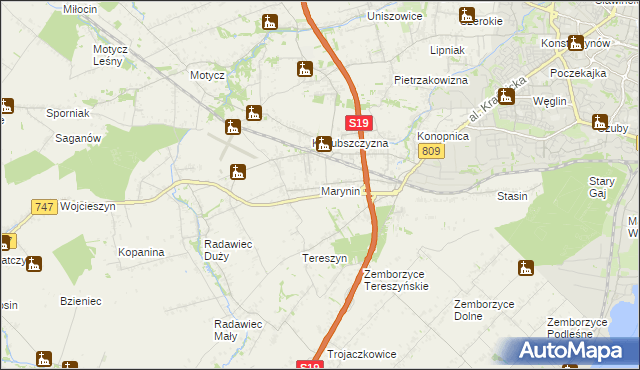 mapa Marynin gmina Konopnica, Marynin gmina Konopnica na mapie Targeo