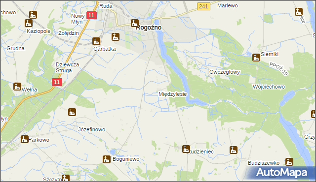 mapa Międzylesie gmina Rogoźno, Międzylesie gmina Rogoźno na mapie Targeo