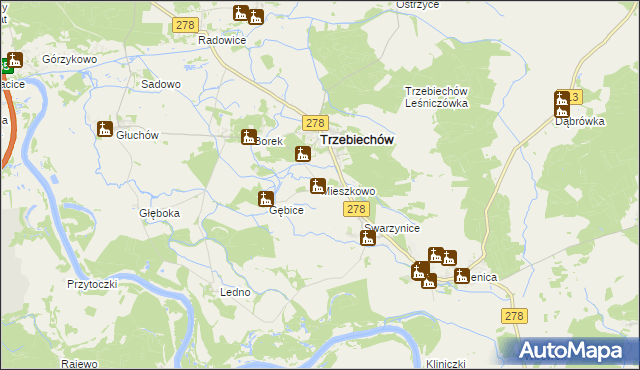 mapa Mieszkowo gmina Trzebiechów, Mieszkowo gmina Trzebiechów na mapie Targeo