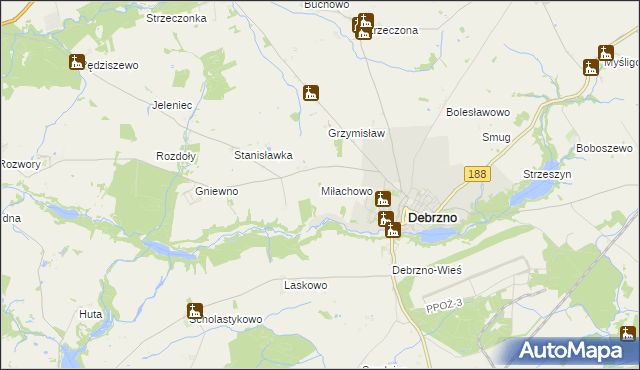 mapa Miłachowo gmina Debrzno, Miłachowo gmina Debrzno na mapie Targeo