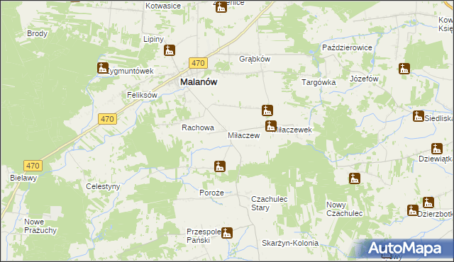 mapa Miłaczew gmina Malanów, Miłaczew gmina Malanów na mapie Targeo