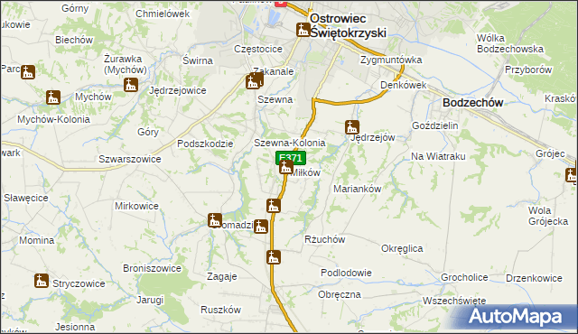 mapa Miłków gmina Bodzechów, Miłków gmina Bodzechów na mapie Targeo