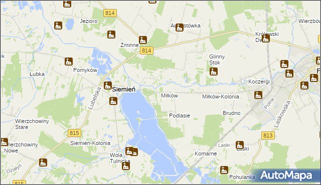 mapa Miłków gmina Siemień, Miłków gmina Siemień na mapie Targeo