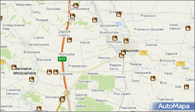 mapa Miłocice gmina Słomniki, Miłocice gmina Słomniki na mapie Targeo