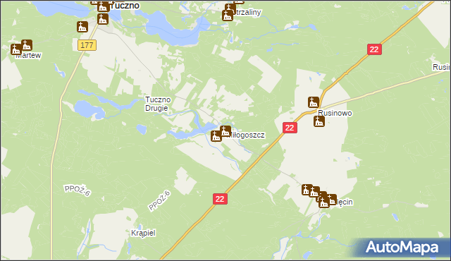 mapa Miłogoszcz gmina Tuczno, Miłogoszcz gmina Tuczno na mapie Targeo