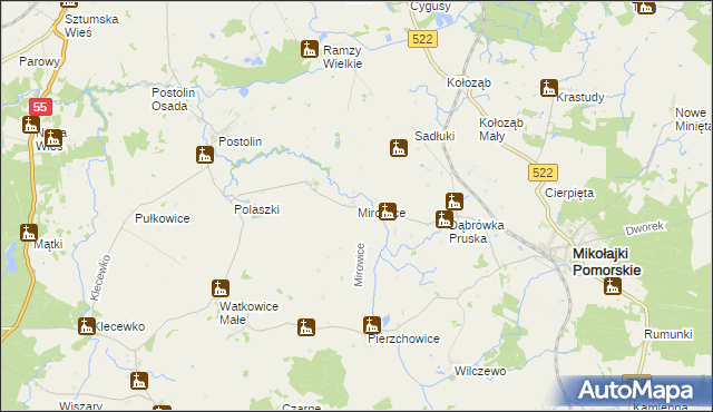mapa Mirowice gmina Mikołajki Pomorskie, Mirowice gmina Mikołajki Pomorskie na mapie Targeo