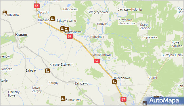 mapa Młodzianowo gmina Płoniawy-Bramura, Młodzianowo gmina Płoniawy-Bramura na mapie Targeo