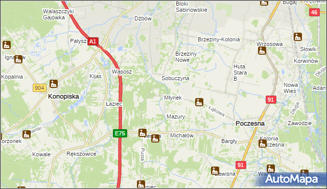 mapa Młynek gmina Poczesna, Młynek gmina Poczesna na mapie Targeo