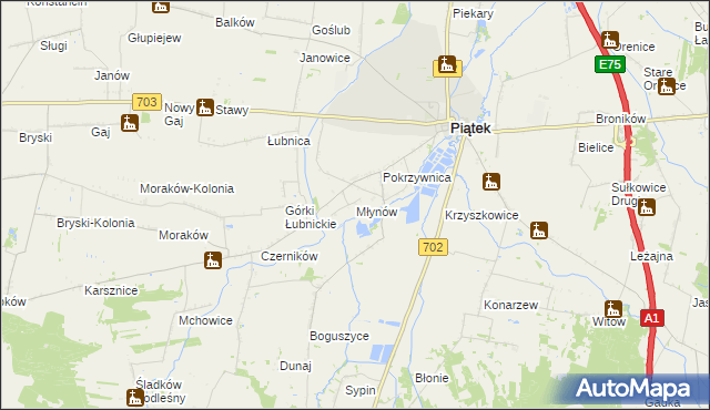 mapa Młynów gmina Piątek, Młynów gmina Piątek na mapie Targeo