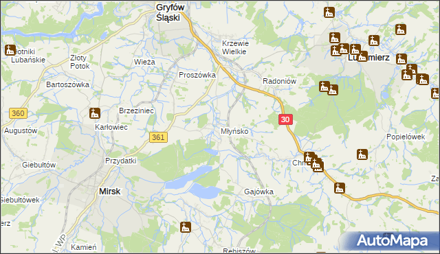 mapa Młyńsko gmina Gryfów Śląski, Młyńsko gmina Gryfów Śląski na mapie Targeo