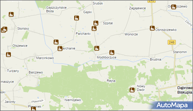 mapa Modliborzyce gmina Dąbrowa Biskupia, Modliborzyce gmina Dąbrowa Biskupia na mapie Targeo