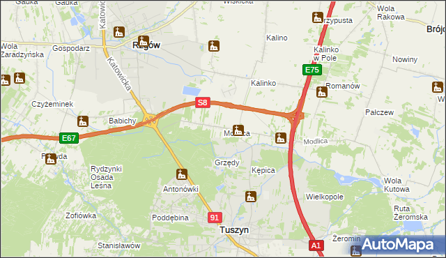 mapa Modlica gmina Tuszyn, Modlica gmina Tuszyn na mapie Targeo