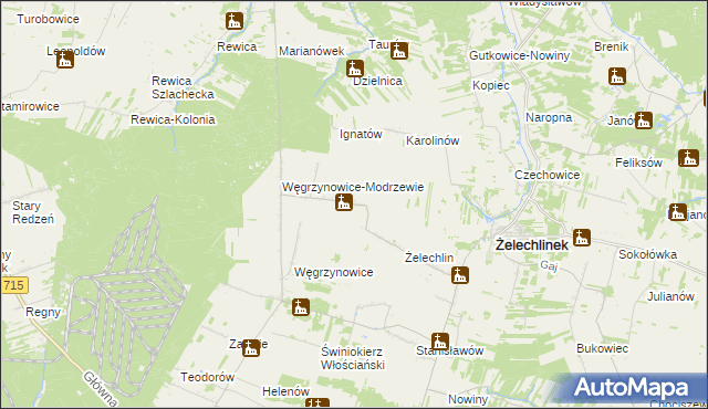 mapa Modrzewek gmina Żelechlinek, Modrzewek gmina Żelechlinek na mapie Targeo