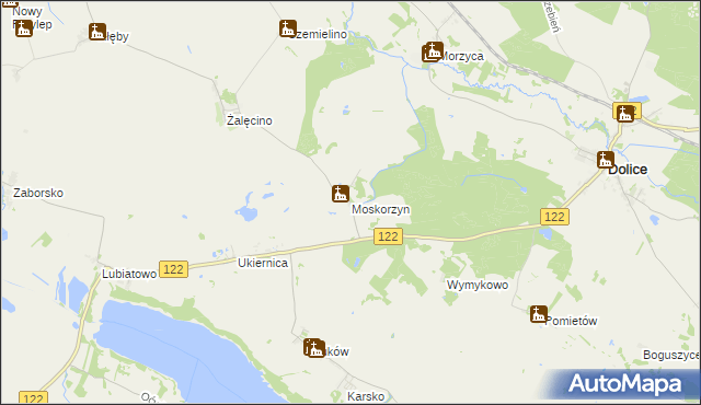 mapa Moskorzyn gmina Dolice, Moskorzyn gmina Dolice na mapie Targeo