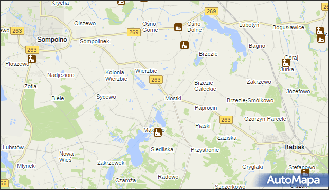 mapa Mostki gmina Sompolno, Mostki gmina Sompolno na mapie Targeo