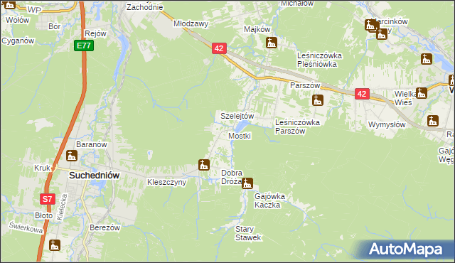 mapa Mostki gmina Suchedniów, Mostki gmina Suchedniów na mapie Targeo