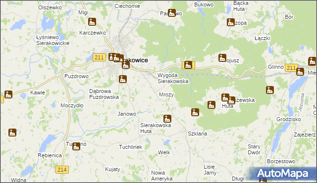 mapa Mrozy gmina Sierakowice, Mrozy gmina Sierakowice na mapie Targeo