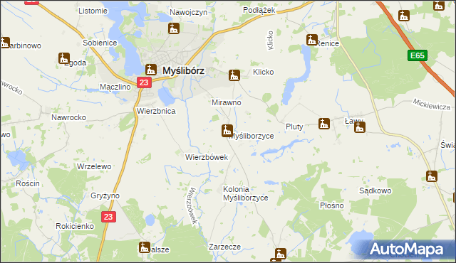 mapa Myśliborzyce gmina Myślibórz, Myśliborzyce gmina Myślibórz na mapie Targeo