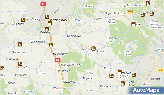 mapa Mysłów gmina Koziegłowy, Mysłów gmina Koziegłowy na mapie Targeo