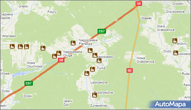 mapa Nagoszewo gmina Ostrów Mazowiecka, Nagoszewo gmina Ostrów Mazowiecka na mapie Targeo