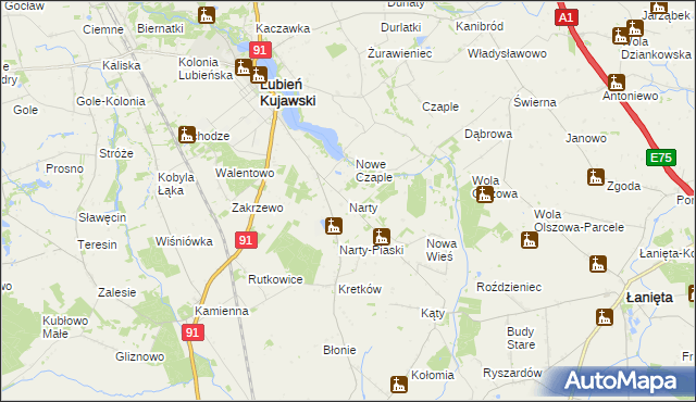mapa Narty gmina Lubień Kujawski, Narty gmina Lubień Kujawski na mapie Targeo