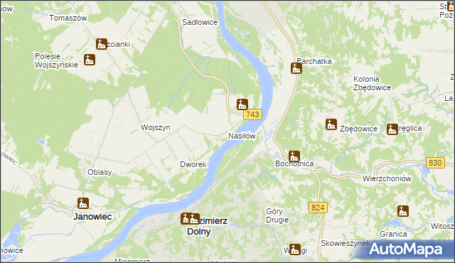 mapa Nasiłów gmina Janowiec, Nasiłów gmina Janowiec na mapie Targeo