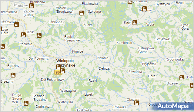 mapa Nawsie gmina Wielopole Skrzyńskie, Nawsie gmina Wielopole Skrzyńskie na mapie Targeo