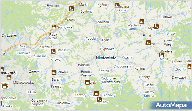 mapa Niedźwiedź powiat limanowski, Niedźwiedź powiat limanowski na mapie Targeo