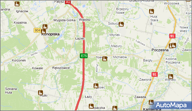 mapa Nierada gmina Poczesna, Nierada gmina Poczesna na mapie Targeo