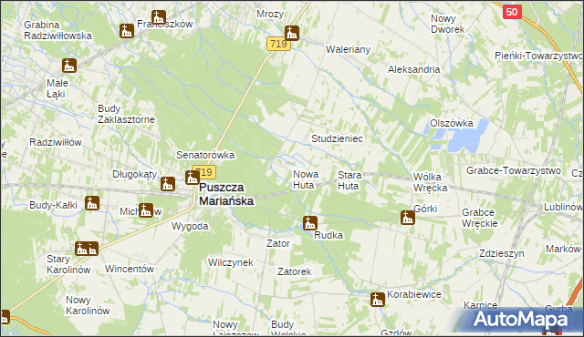 mapa Nowa Huta gmina Puszcza Mariańska, Nowa Huta gmina Puszcza Mariańska na mapie Targeo