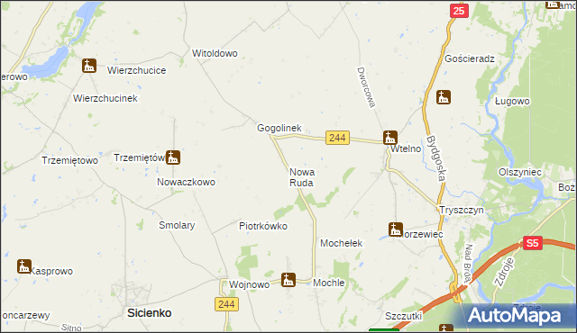 mapa Nowa Ruda gmina Sicienko, Nowa Ruda gmina Sicienko na mapie Targeo