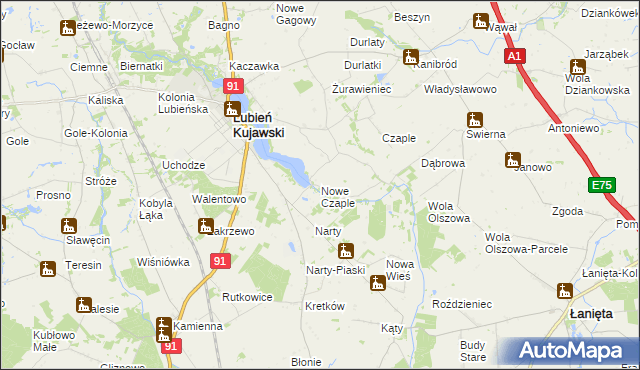 mapa Nowe Czaple gmina Lubień Kujawski, Nowe Czaple gmina Lubień Kujawski na mapie Targeo