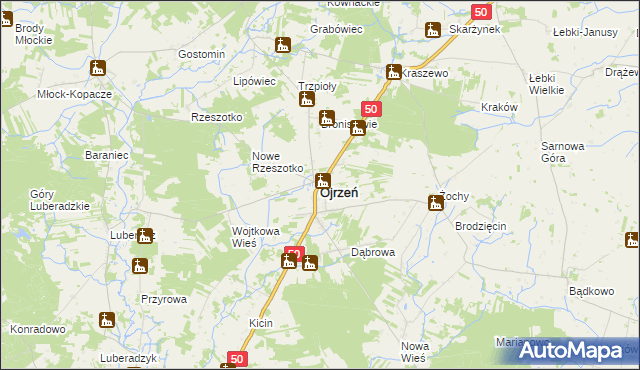 mapa Ojrzeń powiat ciechanowski, Ojrzeń powiat ciechanowski na mapie Targeo