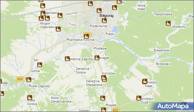 mapa Okrągłe gmina Biłgoraj, Okrągłe gmina Biłgoraj na mapie Targeo