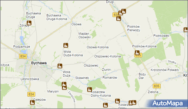 mapa Olszowiec-Kolonia gmina Bychawa, Olszowiec-Kolonia gmina Bychawa na mapie Targeo