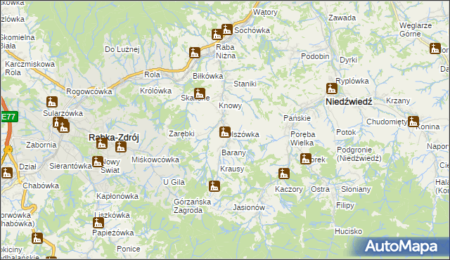 mapa Olszówka gmina Mszana Dolna, Olszówka gmina Mszana Dolna na mapie Targeo
