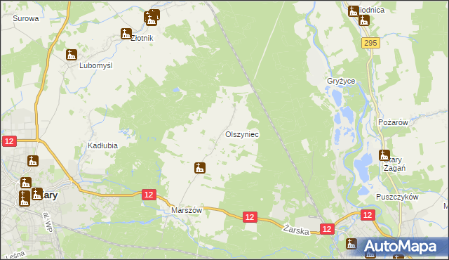 mapa Olszyniec gmina Żary, Olszyniec gmina Żary na mapie Targeo